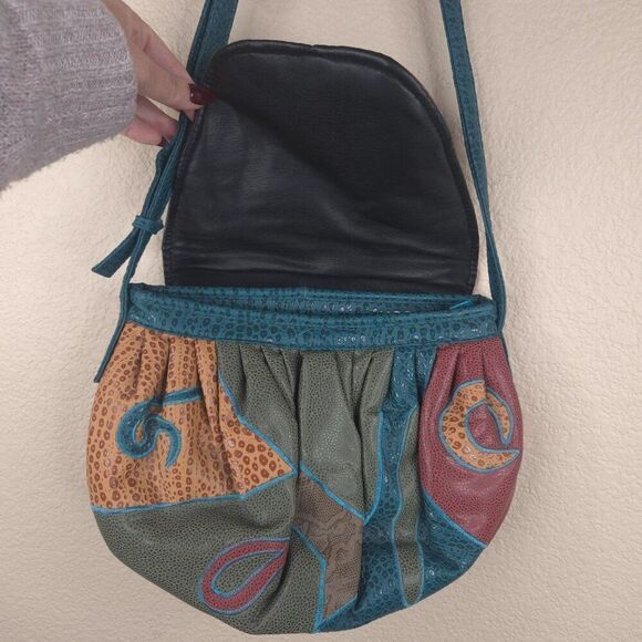 Vintage 80s Nas Bag Patchwork Leather Shoulder Bag Blue Red - Picture 4 of 9